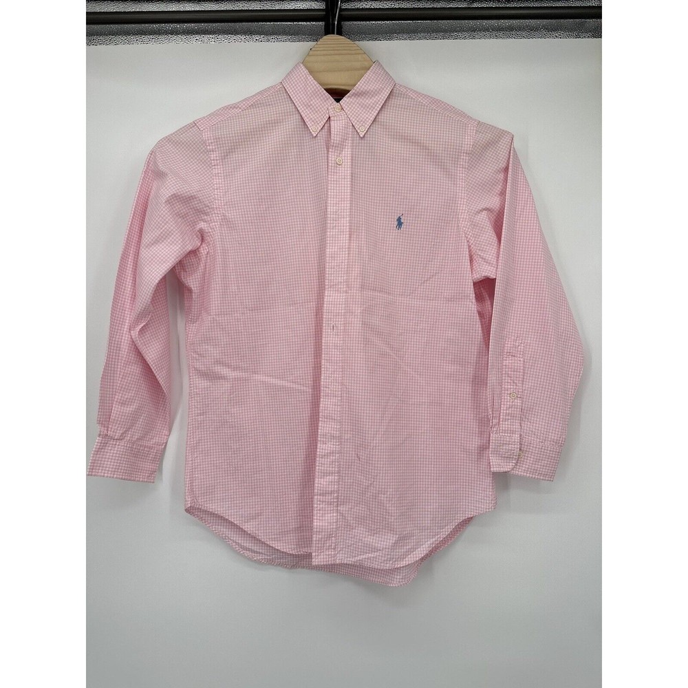 Ralph Lauren pink white ginhme  ponyPlaid Custom Dress Shir Size 16/32-33 Bright